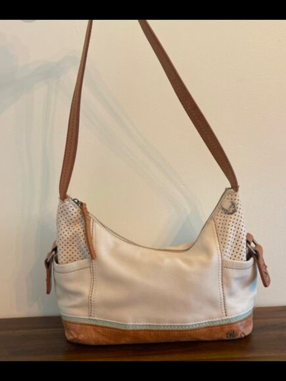 The Sak Cream Leather Shoulder Bag Boho Hobo Purse Brown Trim